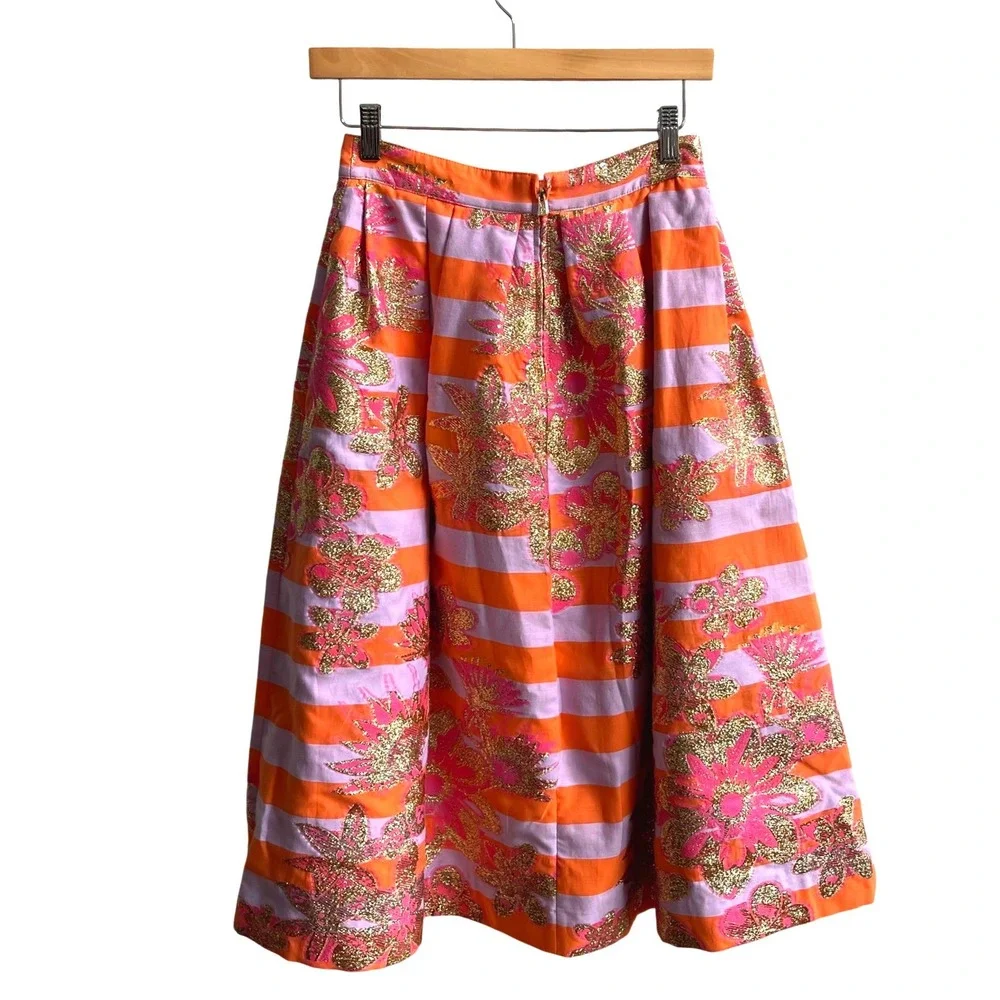 Lilly Pulitzer Lauderdale Midi Skirt Papaya 00 Orange Pink Gold Floral Metallic